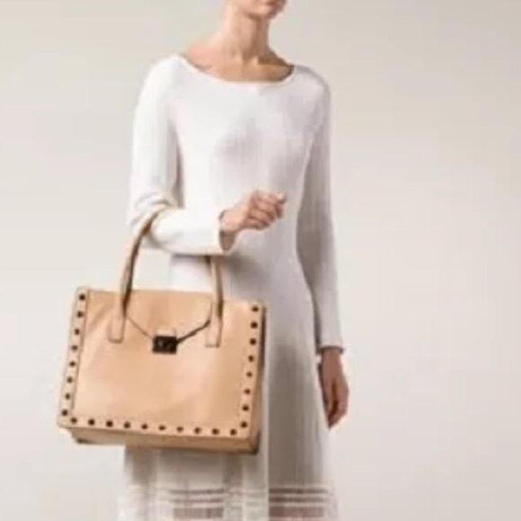 Loeffler Randall Handbags - Loeffler Randall Women's Edgy Beige Studded Large Work Tote Purse